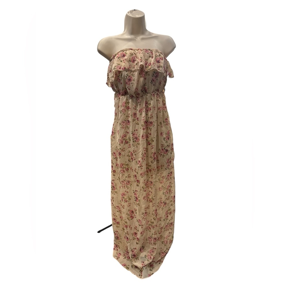 No Boundaries Strapless Floral Dress - Cream and Pink